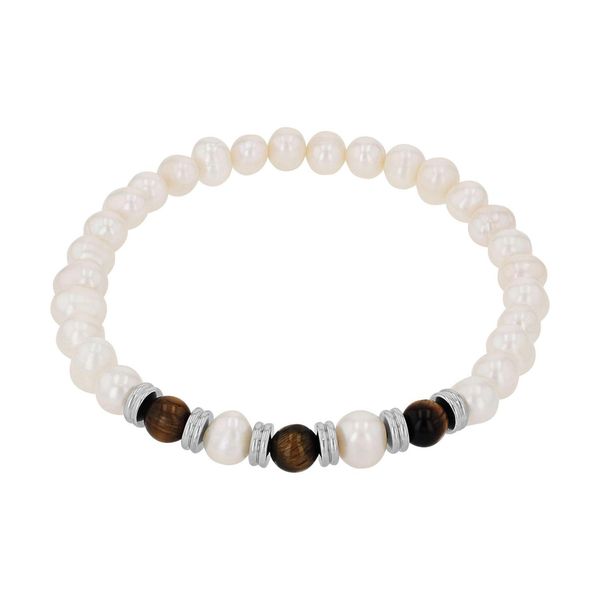 Armband Amor, Edelstahlfarben, Braun, Braun, ArmbäNder, Herren, 21Cm, Edelstahl Perlen, Edelstahl, Perlen, Armband, Mit Tigerauge - Mit SüßWasserzuchtperle-image