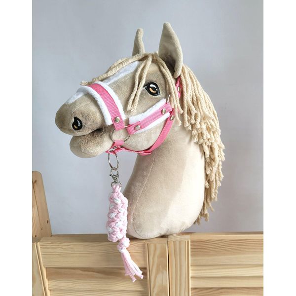 Set Per Cavalli Hobby: Cavezza A3 Con Pelliccia Bianca + Corda Per Legare - Bianco E Rosa-image
