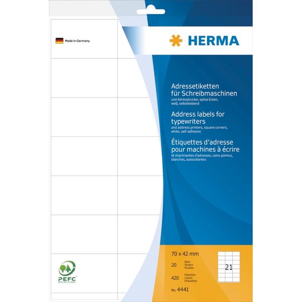 Herma 4441 Etichette Indirizzo Per Macchine Da Scrivere A4 70X42 Mm Carta Angoli Opachi Appuntiti 420 Pz.-image
