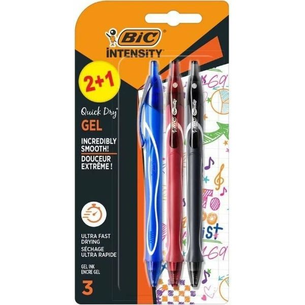 Bic Gel-Ocity Quick Dry 2+1 Confezione Da 3 Penne A Sfera Retrattili - Impugnatura In Gomma - Punta Media Da 0,7 Mm - Asciugatura Ultrarapida - Non Macchia Sulla Carta - Colori Assortiti-image