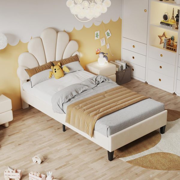 Letto Imbottito Fortuna Lai 90X200Cm Con Testata Regolabile In Altezza E Rete A Doghe, Testata A Forma Di Fiore Letto Singolo Letto Per Bambini E Adulti-image