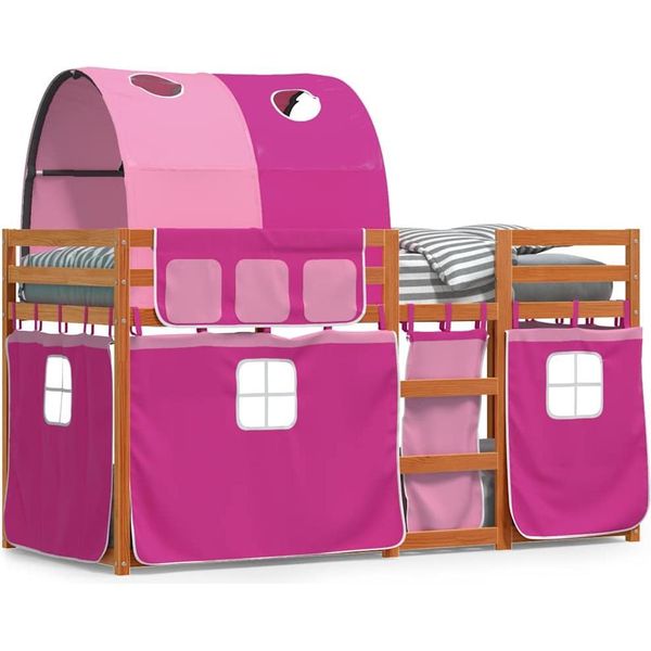 Vidaxl Letto A Castello Con Tende Rosa 75X190 Cm In Legno Di Pino Massiccio-image