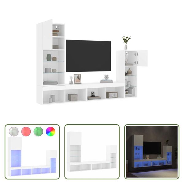 The Living Store Parete Attrezzata 4 Pezzi Con Illuminazione A Led In Legno Bianco-image