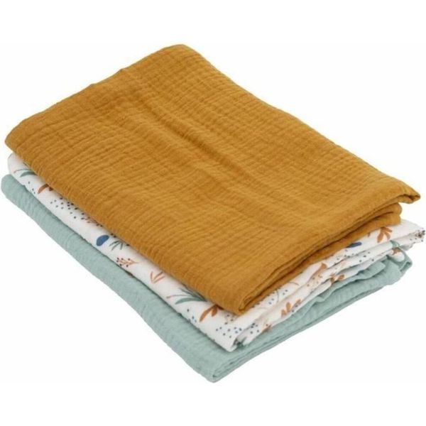 Set Of 3 Bamboo Swaddles - Domiva - 1 Printed + 2 Plain - Caramel Green - 60X60 Cm-image