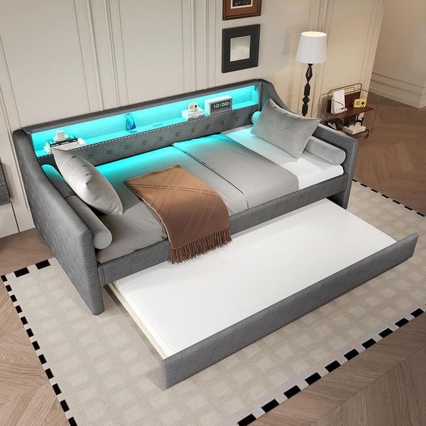Sweiko Daybed 90 X 200 Cm, Divano Letto, Letto Estraibile, Presa Di Ricarica Usb, Lino, Grigio, Senza Materasso-image