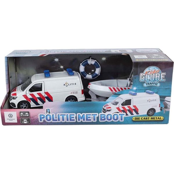 Vw Transporter Polizia Macchinina Con Barca Die-Cast Metallo 29 Cm-image