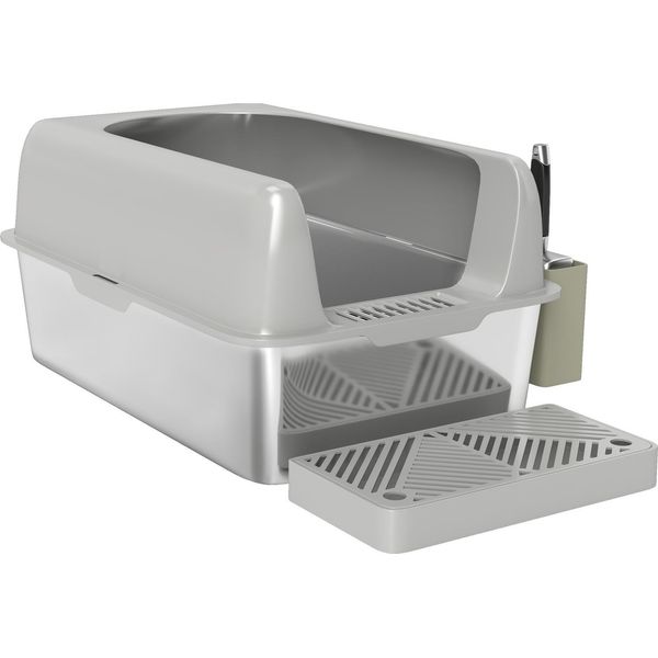 Lettiera Con Coperchio, Lettiera Con Paletta, Casetta Igienica Per Gatti In Acciaio Inox Con Contenitore Per Gatti Di Peso Inferiore A 4,5 Kg, Per Interni, Grigio Chiaro Aosom-image
