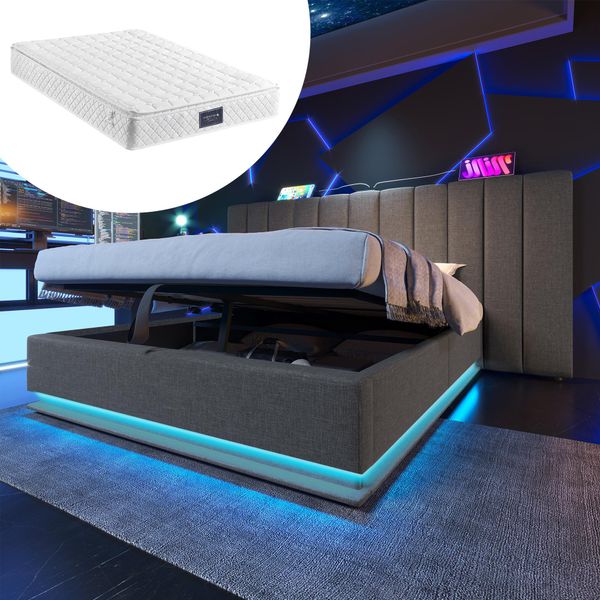 Letto Imbottito 160×200, Letto Matrimoniale Letto Contenitore Con App Control Led, Lino, Grigio, Con Materasso, Senza Comodino-image