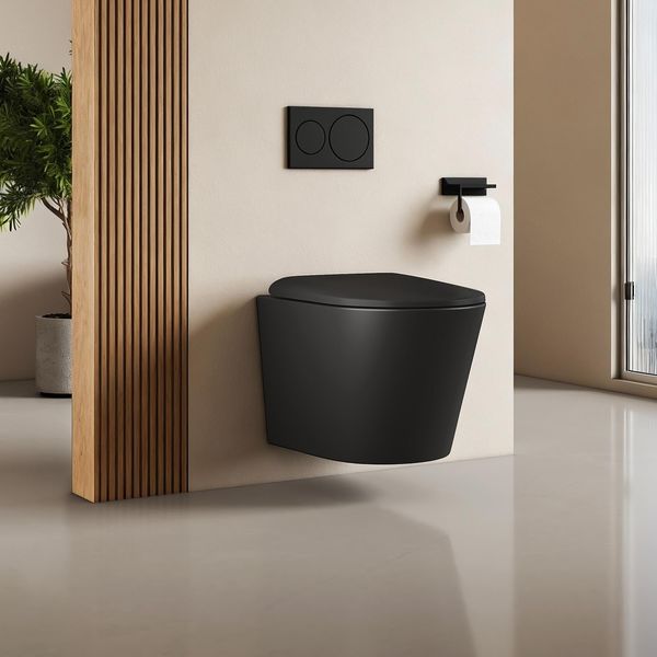 Wc Sospeso Emke In Ceramica A Doppio Foro Con Risciacquo A Risparmio Idrico, Con Scarico Diretto E Coperchio A Chiusura Ammortizzata, A Bassa Rumorosità, Nero Opaco-image