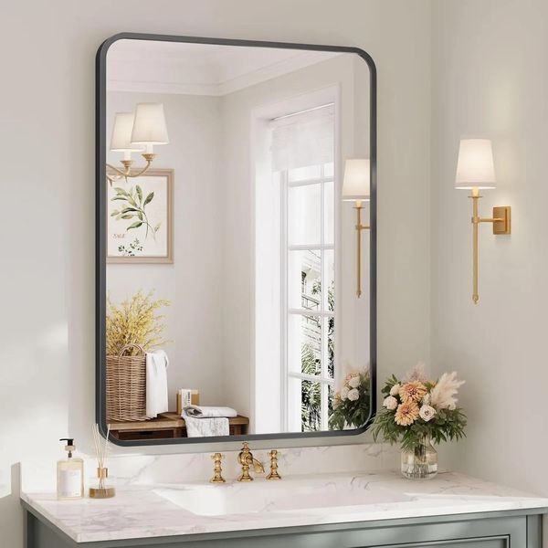 Specchio Da Bagno - Specchio Da Parete Rettangolare 90X60 Cm - Vetro Temprato Chimicamente - Cornice In Alluminio Inossidabile - Design Moderno - Bianco-image