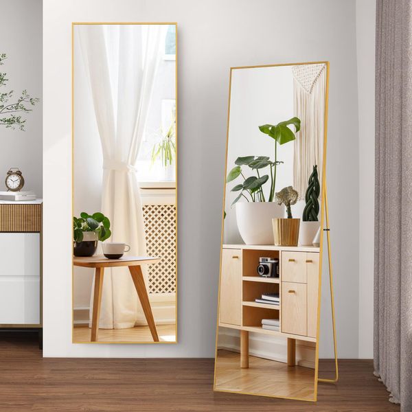 Unboxg Specchio A Figura Intera, 177 × 77 Cm Specchio Grande Con Cornice In Alluminio, Specchio Da Appoggio Per Stare In Piedi, Appoggiato O Appeso, Specchio A Figura Intera Per Camera Da Letto, Soggiorno, Oro-image