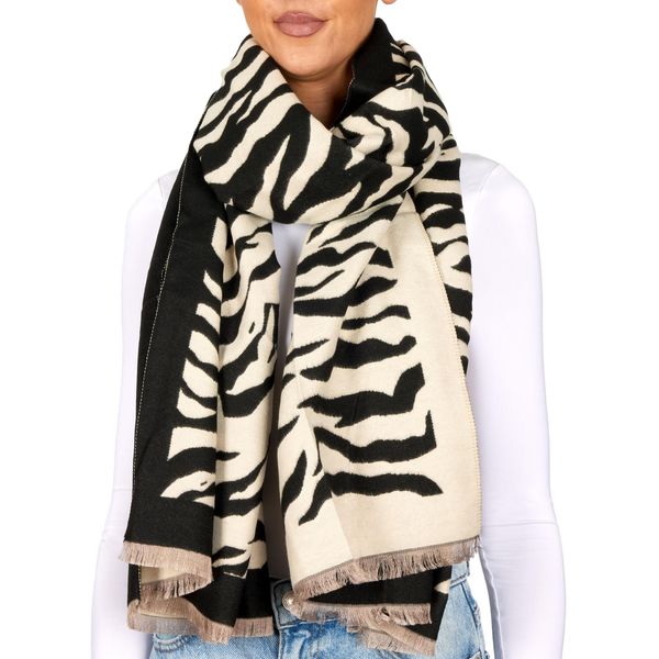 Brubaker Cashmirillo Sciarpa Da Donna Con Motivo Zebrato - 70 X 200 Cm - Calda, Accogliente E Oversize - Sciarpa Da Donna A Righe, Nero Bianco-image