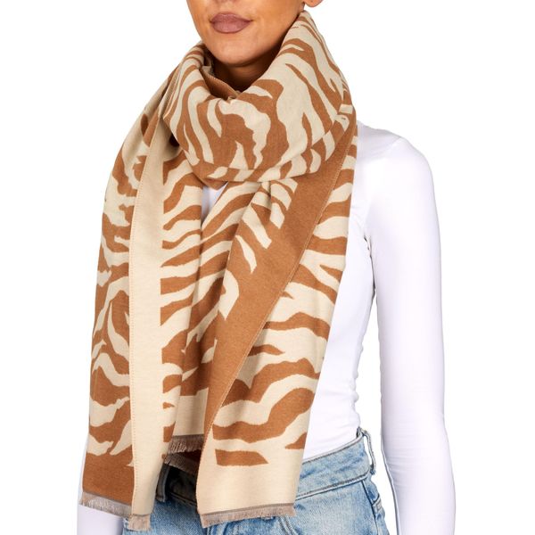 Brubaker Cashmirillo Sciarpa Da Donna Con Motivo Zebra - 70 X 200 Cm - Calda, Accogliente E Oversize - Sciarpa Da Donna A Righe, Marrone Beige-image