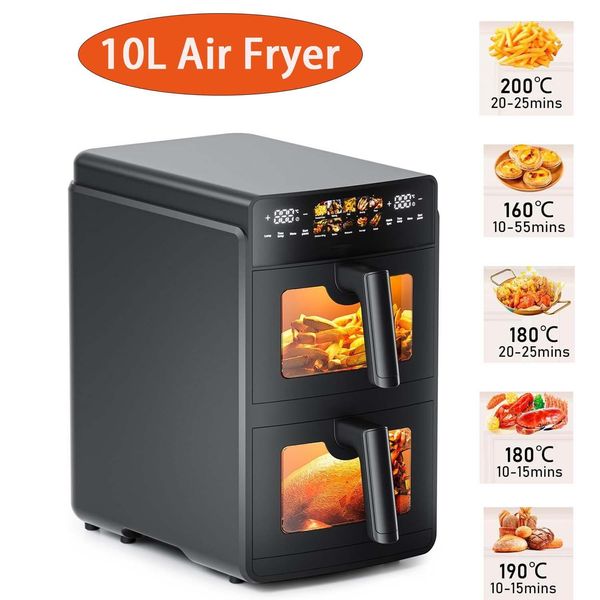 Friggitrice Ad Aria Calda A Doppia Camera Xxl, Friggitrice Ad Aria Con Finestre Di Visualizzazione E Display Touch Incernierato, Friggitrice Ad Aria Calda A 2 Camere - Volume 10 Litri, Friggitrice Ad Aria Senza Olio Per Famiglie Numerose-image