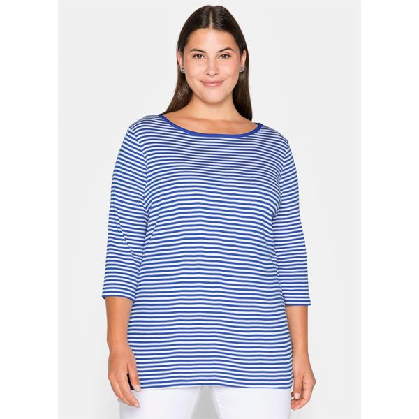 3/4-Arm-Shirt Sheego "3/4-Arm-Shirt", Damen, Gr. 44/46, Blau (Royalblau), 100% Baumwolle, Gemustert, Gestreift, Mehrfarbig, Rundhals, Shirts 3/4-Arm-Shirt-image