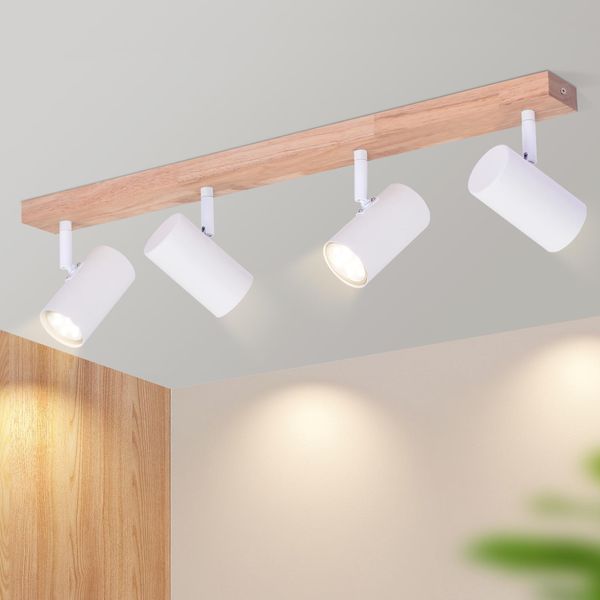 Zmh Faretto Da Soffitto A 4 Fiamme Faretto Da Soffitto In Legno Lampada Da Soffitto Bianca GU10 Lampada Da Corridoio Vintage Orientabile A 350° Luce Da Soffitto Soggiorno Per Corridoio Camera Da Letto Camera Dei Bambini Cucina-image