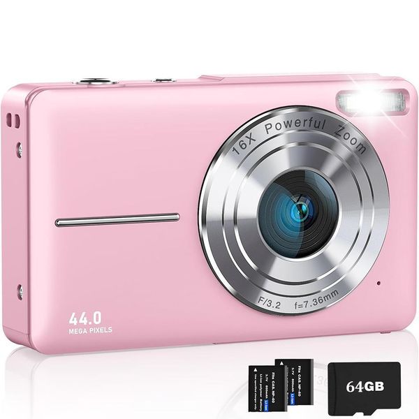 Zelurxx Fotocamera Digitale Per Bambini 1080P 44MP, Zoom 16X, Schermo Da 2,4 Pollici, Mini Fotocamera Compatta, Selfie, Tascabile, Rosa, 64GB, Doppia Batteria-image