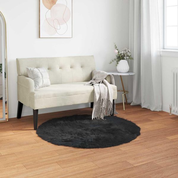 Vidaxl Tappeto In Pelle Di Pecora Artificiale Tafalla Black Ø 80 Cm Poliestere-image