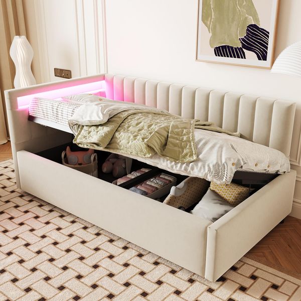 Flieks Letto Imbottito Idraulico Divano Letto 90X200Cm Con Led, Divano Con Funzione Letto, Letto Da Giorno Letto Singolo Letto In Legno Velluto, Beige-image