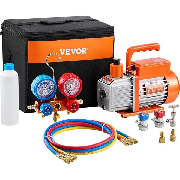 3.5CFM Hvac Set Pompa Per Vuoto Monostadio E Manometro Kit Pompa Per Vuoto Compatibile Con I Refrigeranti R134A, R22, R12, R502, R502, R410A, R404 E R407C-image