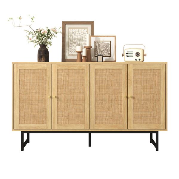 Fortuna Lai Credenza In Vero Rattan Con 4 Ante, Aspetto Legno, Gambe Nere Opache E Maniglie Dorate-image