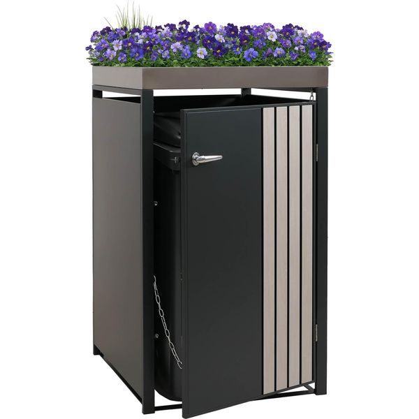 1 Coperchio Per Bidone HWC-O67, Contenitore Per Rifiuti Con Fioriera, Metallo 125X68X84Cm 35Kg ~ Antracite Look Legno Chiaro-image