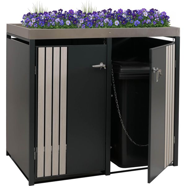 Copri Cestino A 2 Scomparti HWC-O67, Cestino Con Fioriera, Metallo 125X132X84Cm 55Kg ~ Antracite Look Legno Chiaro-image