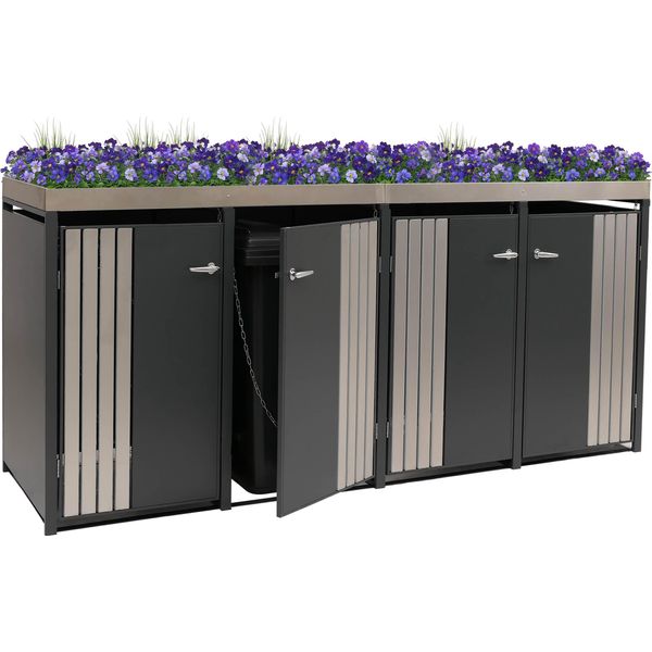 Copri Cestino A 4 Scomparti HWC-O67, Cestino Con Fioriera, Metallo 125X260X84Cm 95Kg ~ Acciaio Inox Antracite-image