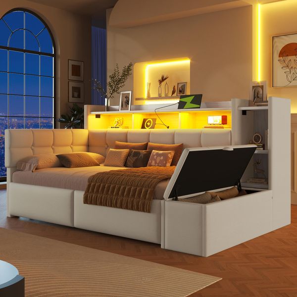 Flieks Divano Letto Da Giorno 90X190Cm Con Sgabello Idraulico, Letto Imbottito Letto Singolo Con Funzione Di Carico E Led, Letto Per Ragazzi In Velluto Con Ripiani, Bianco-image