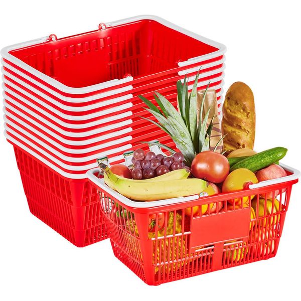 Cestino Per La Spesa Succebuy, 12 Pezzi, 21 Litri, Cestino In Plastica Pe Con Manici, Versatile, Capacità Di Carico Fino A 9,07 Kg, Ideale Per La Spesa, La Vendita Al Dettaglio, I Supermercati, La Casa, Rosso-image