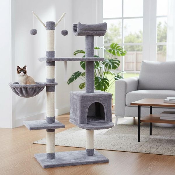 Mucola Tiragraffi Grigio Per Gatti 131Cm Casa Per Gatti Albero Da Arrampicata Colonna Per Gatti Mobili Per Gatti Albero Da Gioco Naturale Tiragraffi Colonna In Sisal-image