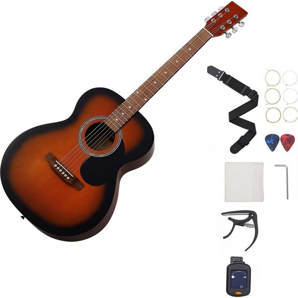 Succebuy Chitarra Acustica Dreadnought, 1016 Mm, Set Per Chitarra Acustica Con Borsa Da Concerto, Accordatore, Tracolla, Corde In Acciaio, Plettri, Capotasto, Tastiera In Palissandro, Per Adulti, Sunburst-image