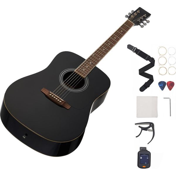 Succebuy Chitarra Acustica Dreadnought, 1041,4 Mm, Set Completo Per Principianti Con Borsa, Accordatore, Tracolla, Corde In Acciaio, Plettri, Capotasto, Tastiera In Palissandro, Per Adulti, Nero-image
