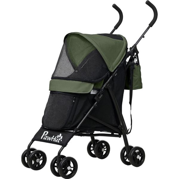Passeggino Per Cani Passeggino Pieghevole Per Cani E Gatti Fino A 4 Kg Passeggino Per Gatti Con Finestre A Rete, Tracolla, Borsa Portaoggetti, Portabicchieri Ombrello Passeggino Per Gatti Verde Scuro Aosom-image