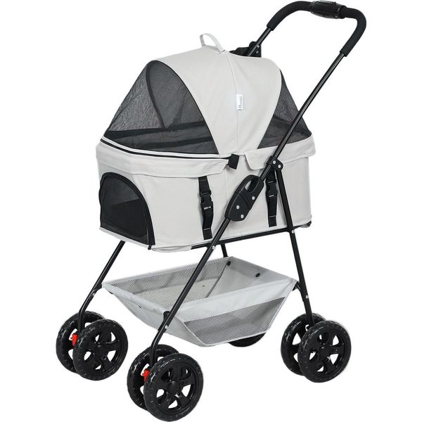 Passeggino Per Cani 3 In 1 Box Per Cani Pieghevole, Borsa Da Trasporto Pieghevole Con Portabicchieri, Passeggino Per Cani, Passeggino Per Gatti Con Ruote A 360° Passeggino Per Cani Mini Sotto I 4 Kg, Grigio Chiaro Aosom-image