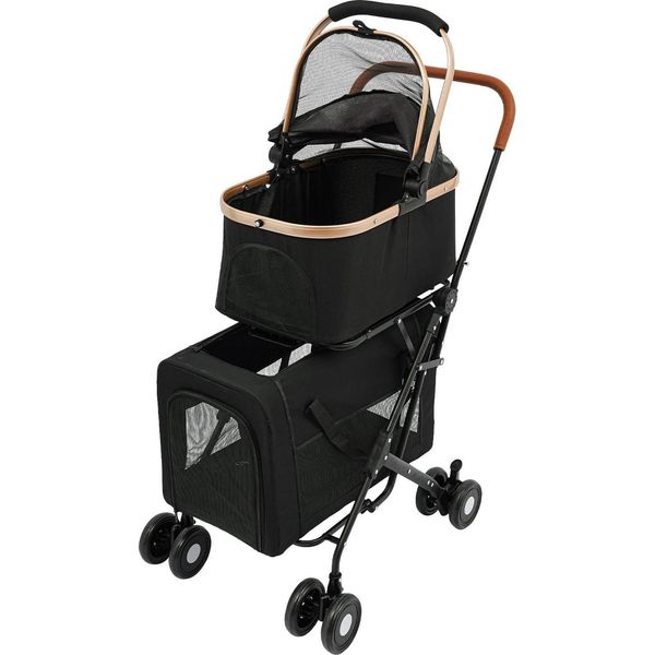 Passeggino Per Cani E Gatti - Carrello Per Animali Domestici A 2 Piani - Pieghevole - Cestello Rimovibile - Per Cani/Gatti Di Piccola E Media Taglia - Nero-image