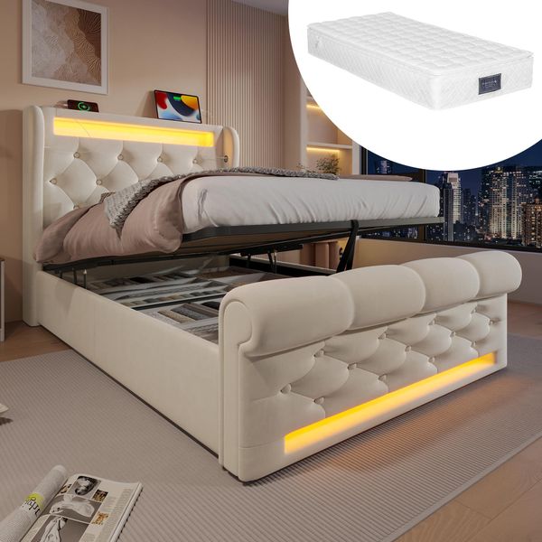 Letto Imbottito Letto Singolo 90X200Cm, Letto Imbottito Con Luci A Led, Testata Contenitore, Letto Contenitore Idraulico, Beige, (Con Materasso)-image