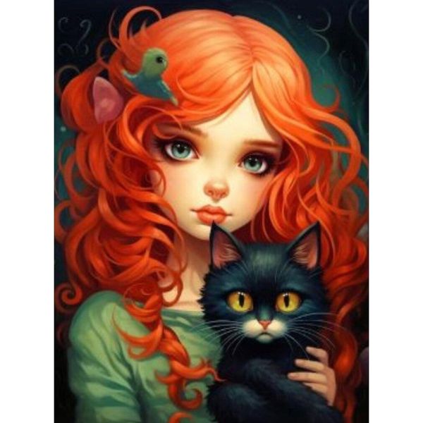 Norimpex Diamante Dipinto Ragazza Russa Con Gatto Nero 30X40Cm-image