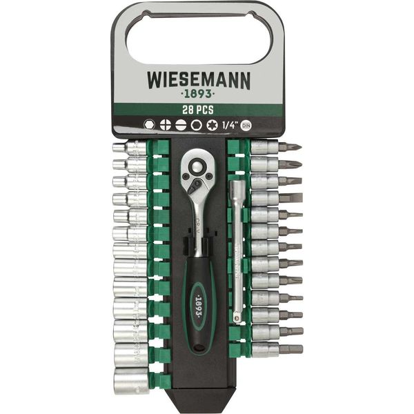 Set Cricchetto E Bussole Da 28 Pezzi 1/4″ Con Supporto | Wiesemann | Lega Acciaio In Cromo E Vanadio | Cricchetto Con Attacco | Prolunga Da 100 Mm | 8 Mm - 32 Mm | Bussole Con Bocca Esagonale | 80102-image