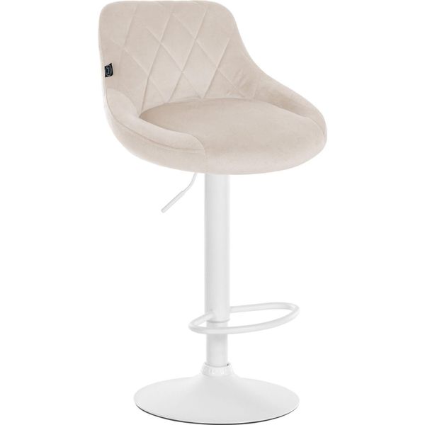Sgabello Da Bar In Velluto - Sgabello Elegante - Seduta Girevole A 360° Con Alzata A Gas E Poggiapiedi | Colore: Crema | Colore Base: Bianco-image