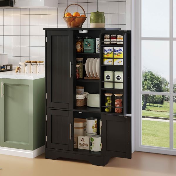 Armadietto Da Cucina Sweiko 120X60X40Cm Con Luce A Led, Grande Armadietto A 4 Ante Con Ripiani Regolabili E Ripiani Per Ante - Adatto Per Cucina, Sala Da Pranzo O Soggiorno, Nero-image