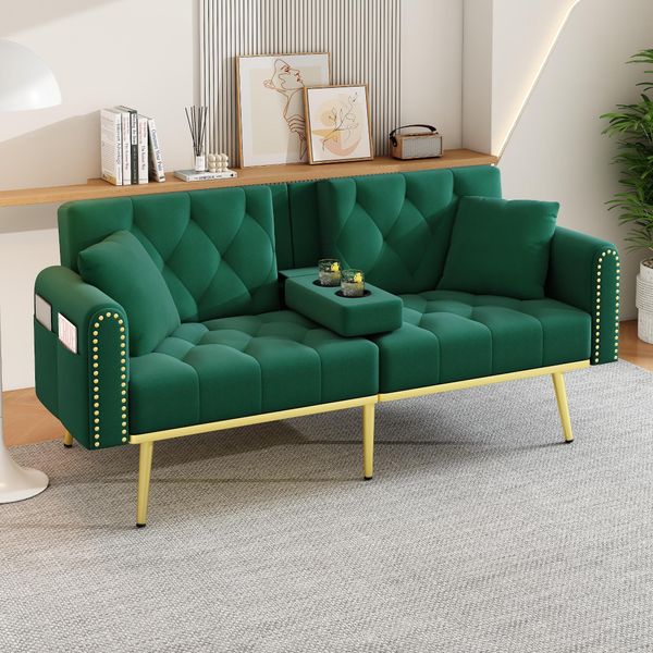 Merax Divano A 2 Posti, Divano Con Funzione Reclinabile, 3 Angoli Di Inclinazione, Portabicchieri, Cuscini, Divano Letto, Poltrona, Divano Lounge, Soggiorno, Velluto, Verde-image