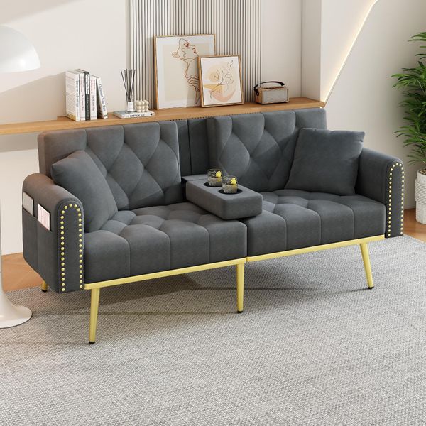 Divano Merax A 2 Posti, Divano Con Funzione Reclinabile, 3 Angoli Di Inclinazione, Portabicchieri, Cuscini, Divano Letto, Poltrona, Divano Lounge, Soggiorno, Velluto, Grigio-image