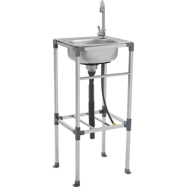 Lavello Da Cucina - Monolavello Freestanding - Dimensioni Ridotte - Acciaio Inox - Con Rubinetto Per Acqua Fredda - Portata 60 Kg - Tubi Flessibili 60/75 Cm - Giallo-image
