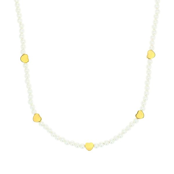 Perlenkette Amor "Herzen", Gelbgoldfarben, Weiß, Halsketten, Damen, Edelstahl Perlen, L: 45 B: 3Mm, Edelstahl, Perlen, Perlenkette, Mit Glasperle, B:3Mm-image