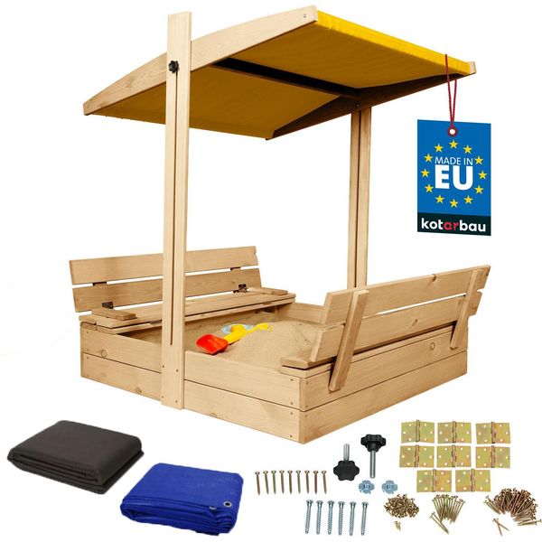 Kotarbau® Sabbiera Con Copertura 100 X 100 Cm Grande Sabbiera In Legno Di Colore Naturale Con Tetto Giallo Sabbiera Con Copertura Sabbiera Con Tetto Gioco Da Giardino Per Bambini Impregnato Chiudibile A Chiave Con Panchine-image