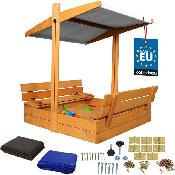 Kotarbau® Sabbiera Con Copertura 100 X 100 Cm Grande Sabbiera In Legno Marrone Con Tetto Grigio Sabbiera Con Copertura Sabbiera Con Tetto Gioco Da Giardino Per Bambini Impregnato Chiudibile A Chiave Con Panchine-image