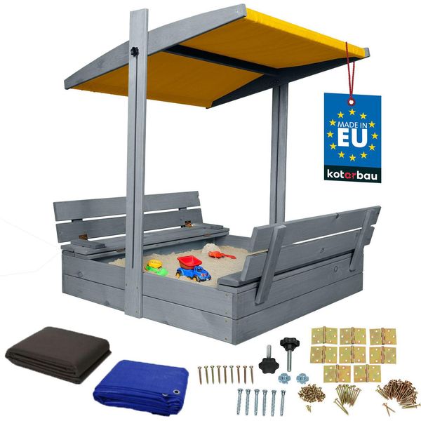 Kotarbau® Sabbiera Con Copertura 100 X 100 Cm Grande Sabbiera In Legno Grigio Con Tetto Giallo Sabbiera Con Copertura Sabbiera Con Tetto Gioco Da Giardino Per Bambini Impregnato Con Chiusura A Chiave Con Panchine-image