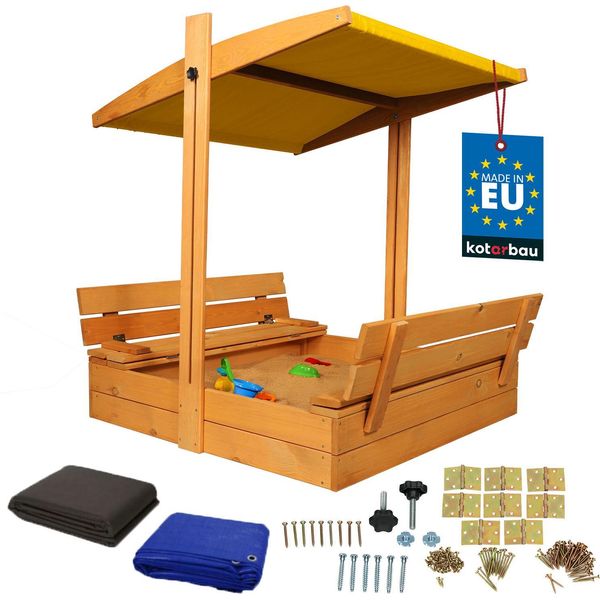 Kotarbau® Sabbiera Con Copertura 100 X 100 Cm Grande Sabbiera In Legno Marrone Con Tetto Giallo Sabbiera Con Copertura Sabbiera Con Tetto Gioco Da Giardino Per Bambini Impregnato Chiudibile A Chiave Con Panchine-image
