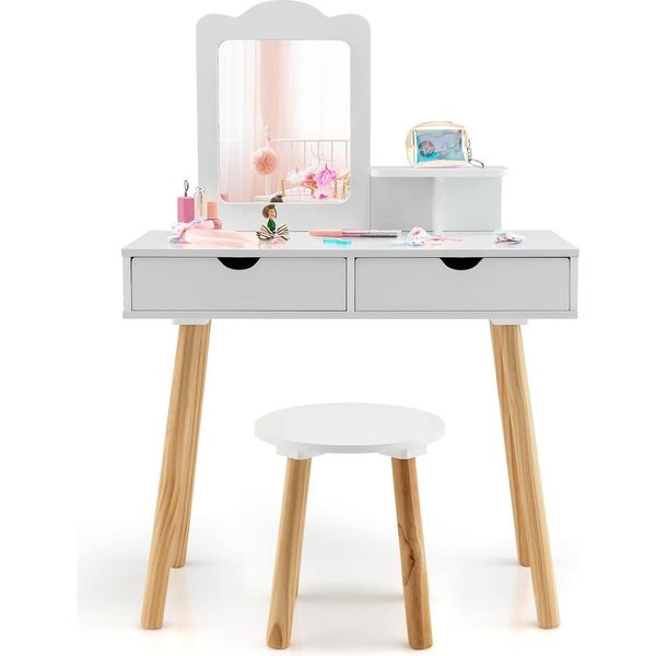 Costway Set Da Toilette Per Bambini, Scrivania E Sgabello 2In1 Con Specchio Rimovibile, 2 Cassetti, Pettine Per Bambini Da 3 A 7 Anni, Bianco-image